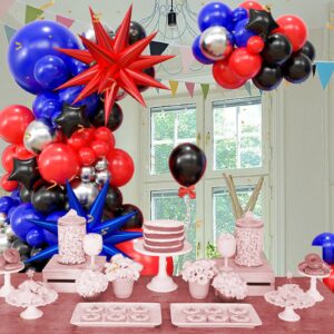 Blue Red Black Balloons Garland Arch Kit, Spider Balloons Arch Kit with Metallic Silver Balloon Star mylar balloons for Boys Kid Spider Theme Birthday Baby Shower Man Superhero Party Decortions