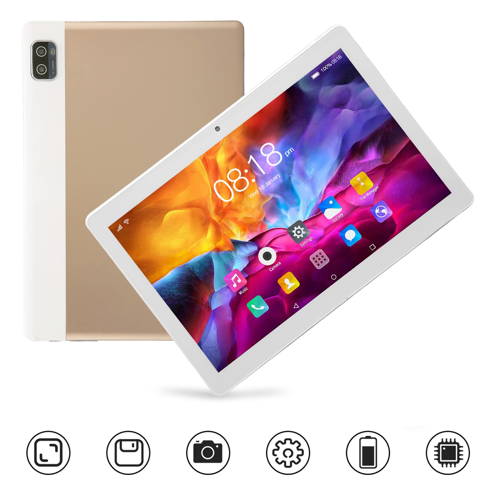 Fydun 10.1in Tablet for, 5G WiFi Calling 6GB 128GB Tablets Tablet 12 Android Gold 1960x1080 Resolution MT6592 10 Cores 100‑240V US Plug