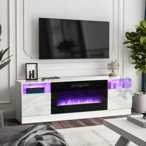 breezestival fireplace tv stand with 36" electric fireplace,entertainment center with led light, modern wood texture with highlight storage cabinet for tvs up to 80", 70 inches,white