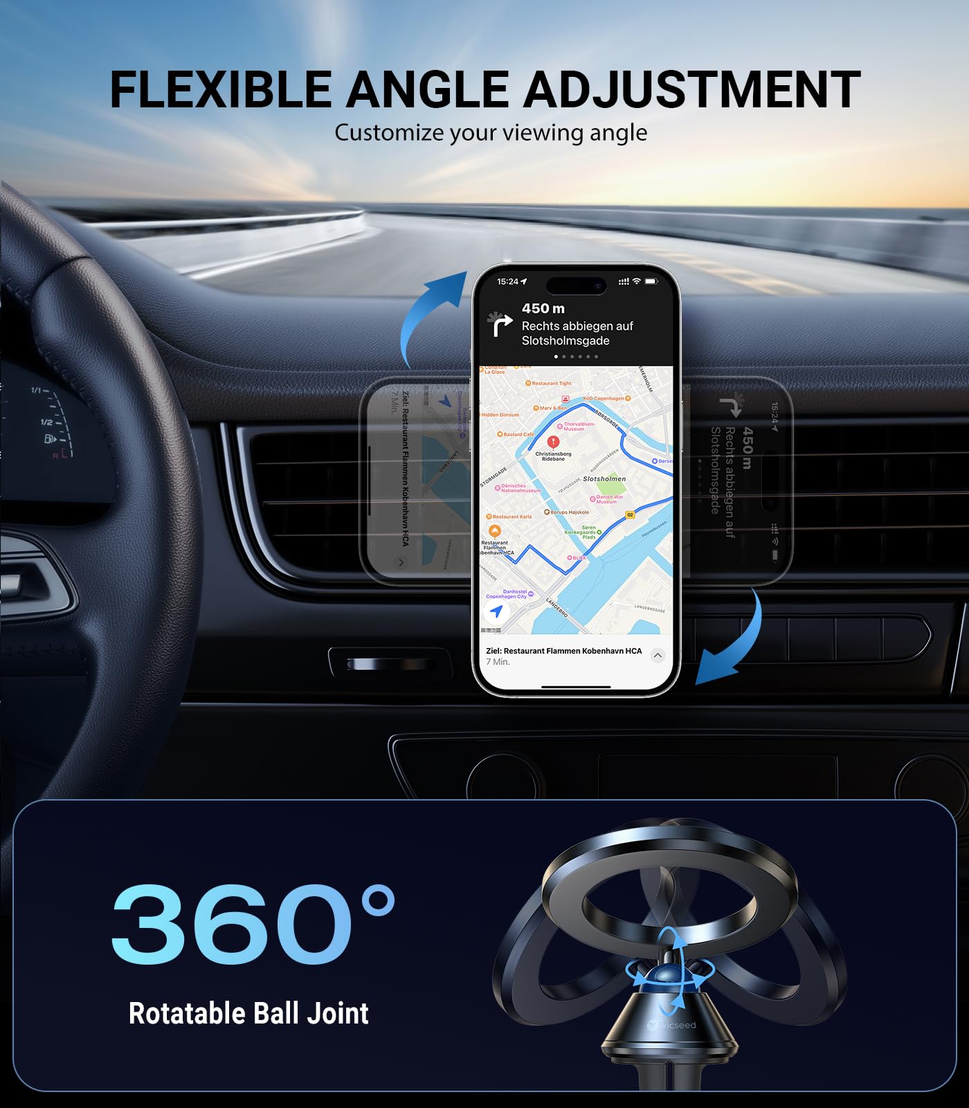 VICSEED for Magsafe Car Mount, [All-Metal] Ultra-Simple Strong Magnetic Phone Holder for Car Vent, 360° Rotation Hands Free Magnet Cellphone Cradle for iPhone 15 14 13 12 Pro Max Mini Plus