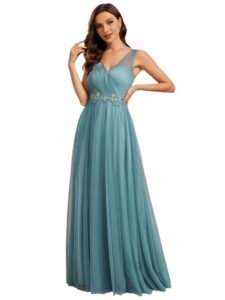 ever-pretty women's v neck sleeveless see-through a-line flowy maxi bridesmaid dresses for women dusty blue us10