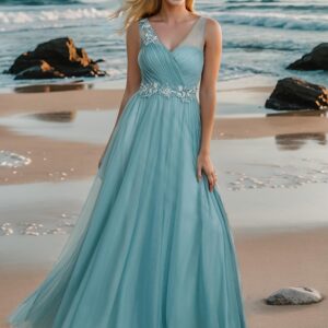 Ever-Pretty Women's V Neck Sleeveless See-Through A-line Flowy Maxi Bridesmaid Dresses for Women Dusty Blue US10