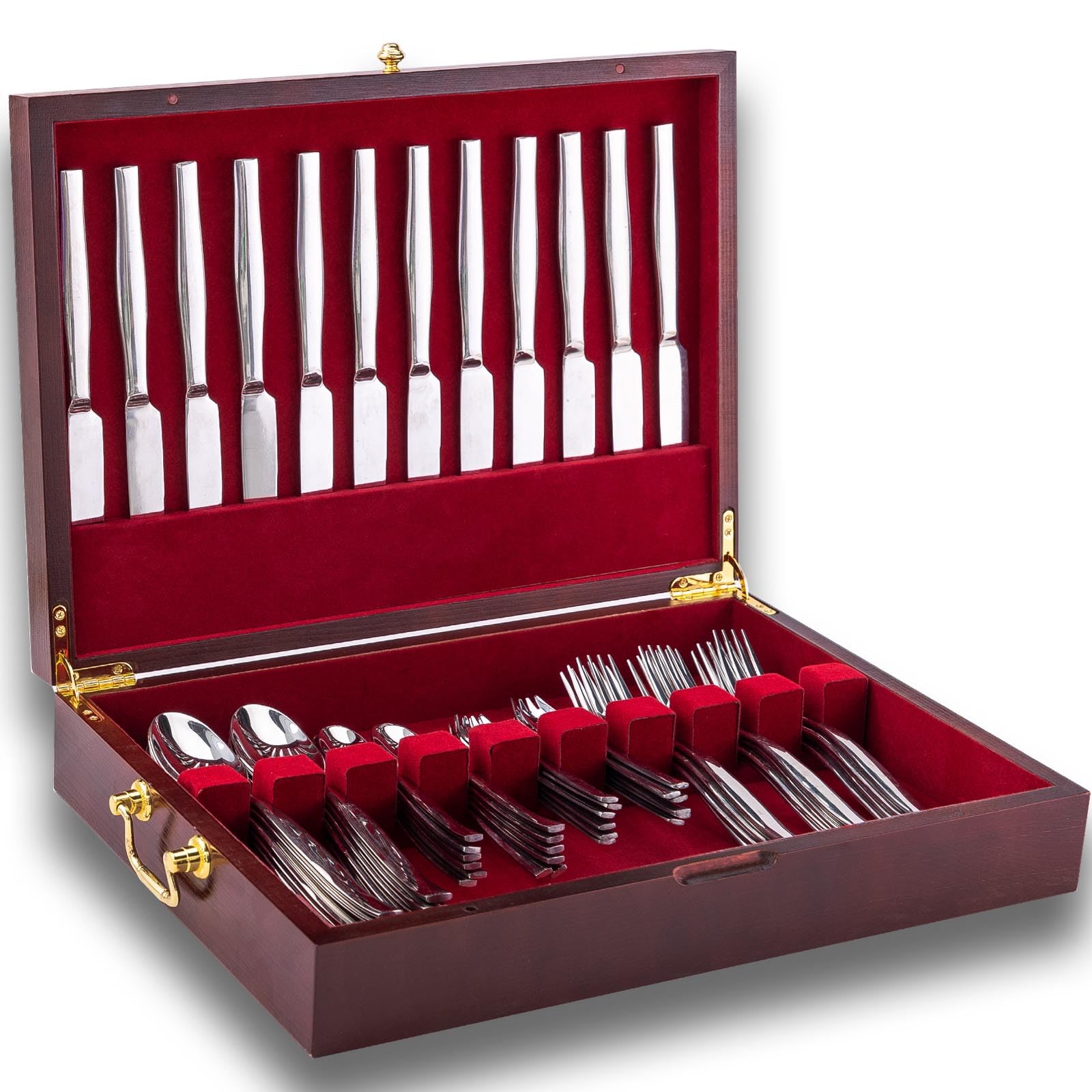 GENRICE Wooden Silverware Chest without Silverware, Silverware Box Storage for Silver, Silverware Case with Handle and Felt Lined, Flatware Chest for 12 sets of Utensils