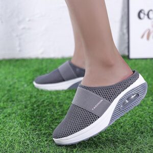 RiceelSor Women's Air Cushion Slip-Ons Orthopedic Walking Slippers Mesh Breathable Lightweight Arch Support Knitted Casual Comfort Outdoor Mules Sneaker (Dark Gray,6,Women,6)