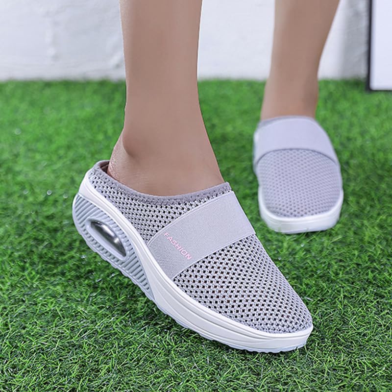 RiceelSor Women's Air Cushion Slip-Ons Orthopedic Walking Slippers Mesh Breathable Lightweight Arch Support Knitted Casual Comfort Outdoor Mules Sneaker (Dark Gray,6,Women,6)