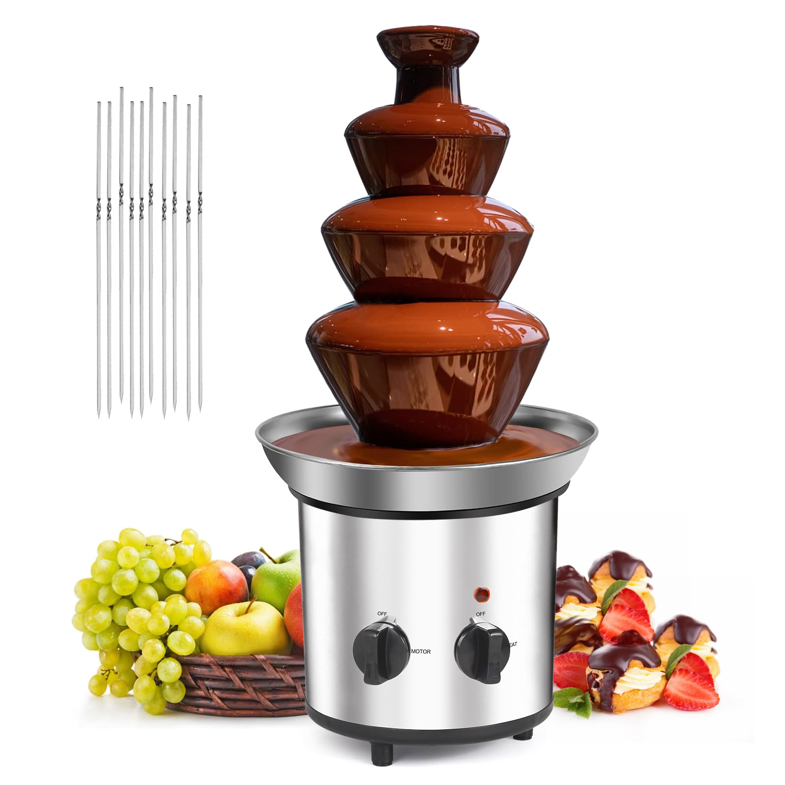 FUNYEE Chocolate Fountain Machine, 3.4 lbs 4-Tier Electric Chocolate Fondue Fountain Set with 10PCS Forks, Stainless Steel Cheese Fountain Melting Pot for Chocolate Candy, Ranch, Nacho Cheese