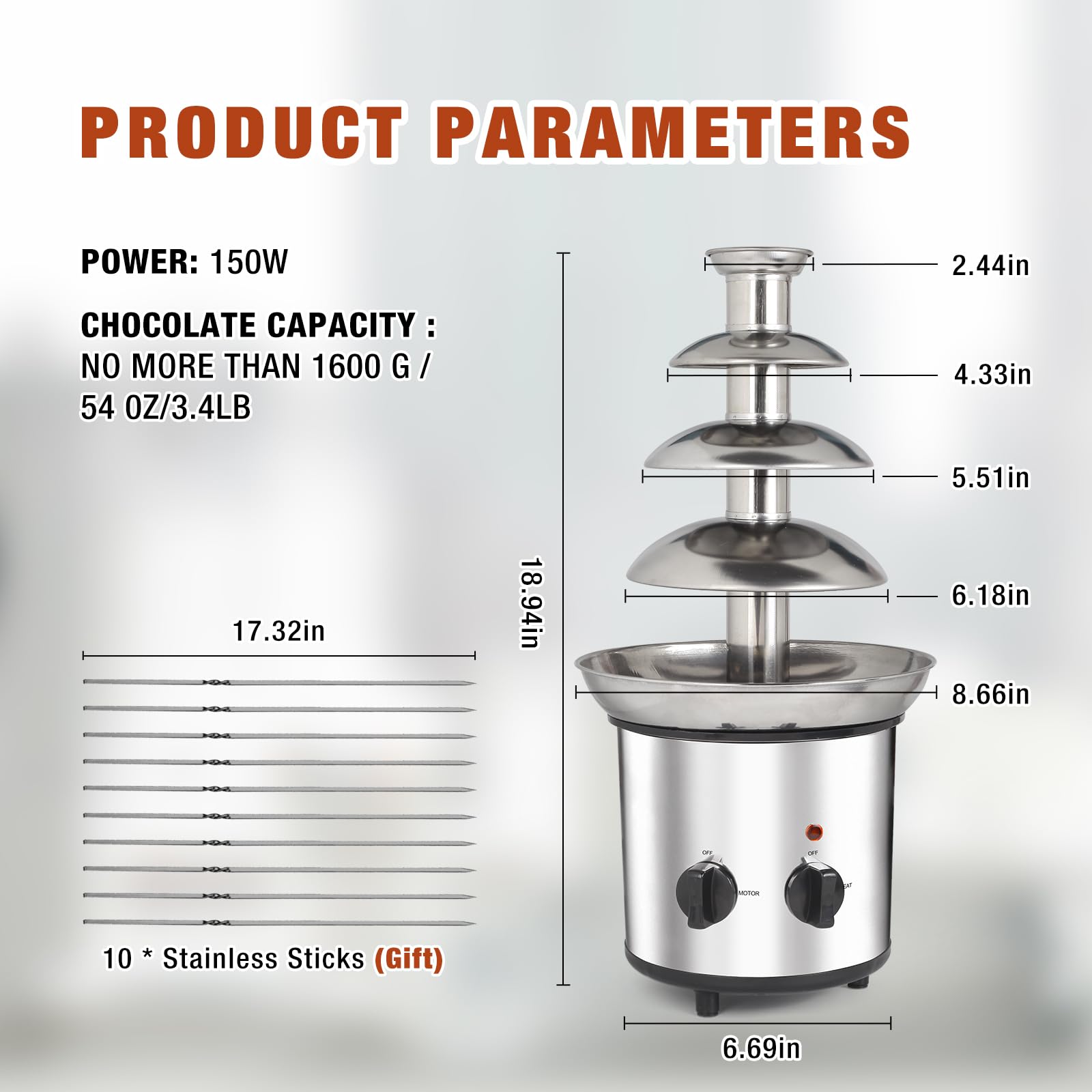 FUNYEE Chocolate Fountain Machine, 3.4 lbs 4-Tier Electric Chocolate Fondue Fountain Set with 10PCS Forks, Stainless Steel Cheese Fountain Melting Pot for Chocolate Candy, Ranch, Nacho Cheese