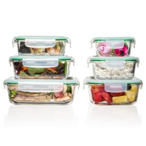 fusion gourmet glass meal prep containers with lids [6 pack] storage containers, leak proof, airtight locking lids, microwave, oven, freezer & dishwasher safe