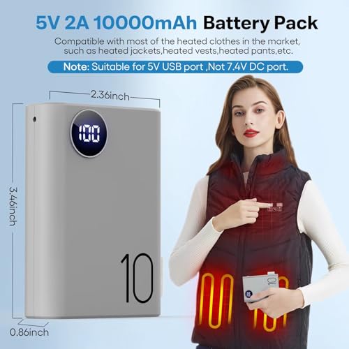 CZXTUZI 5V 2A Power Bank for Heated Vest, Packet Size 10000mAh Heated Jacket Battery Pack, LCD Display Portable Charger for Heated Coat,Heated Pants etc.