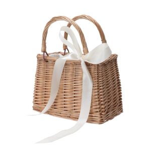carmelit flower girl basket boho style rattan baskets with white ribbon for weddings, classic wicker handbag basket purse basket bags women straw tote with handle