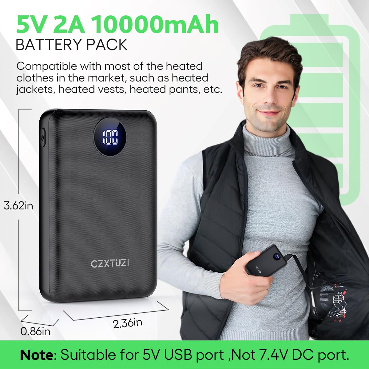 CZXTUZI 5V 2A Heated Vest Battery Pack, Packet Size 10000mAh Heated Jacket Power Bank, LCD Display Portable Charger for Heated Coat,Heated Pants etc.