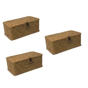 HOMSFOU 3pcs Makeup Wicker Shallow Wicker Basket Wicker Storage Cubes Rattan Stacking Organizing Baskets Woven Cube Woven Organizer Baskets for Shelf Straw Storage Basket Drawer Wooden