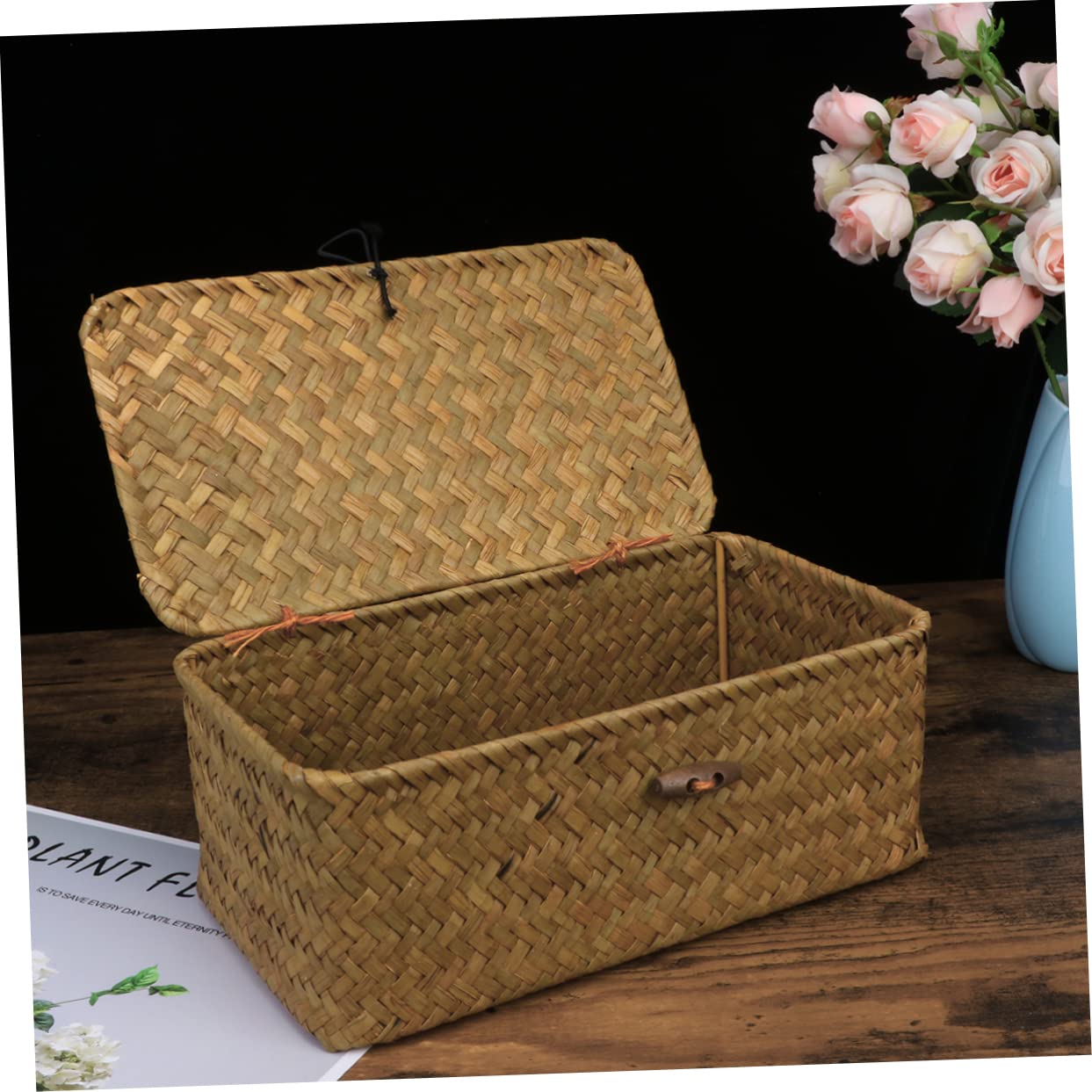 HOMSFOU 3pcs Makeup Wicker Shallow Wicker Basket Wicker Storage Cubes Rattan Stacking Organizing Baskets Woven Cube Woven Organizer Baskets for Shelf Straw Storage Basket Drawer Wooden