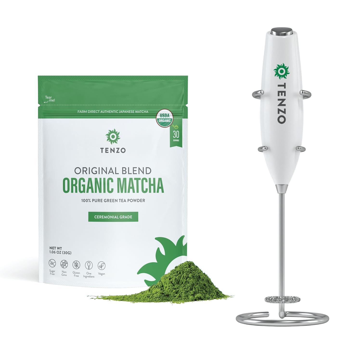 Tenzo Matcha Green Tea Powder Original Blend (1.06 Ounce) with Whisk Drink Mixer