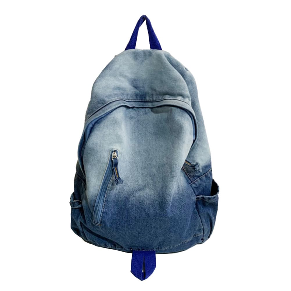 ASNAT Aesthetic Denim Washed Backpack Large Capacity Japanese Fashion Tie Dye Bag (Blue)