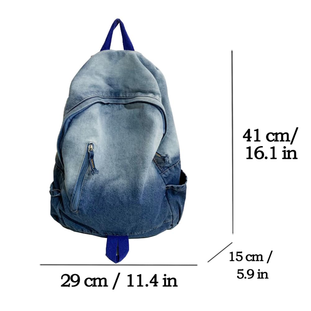 ASNAT Aesthetic Denim Washed Backpack Large Capacity Japanese Fashion Tie Dye Bag (Blue)