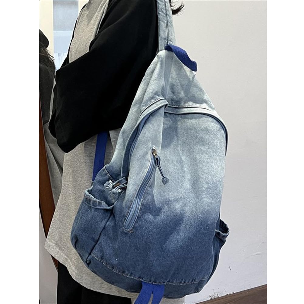 ASNAT Aesthetic Denim Washed Backpack Large Capacity Japanese Fashion Tie Dye Bag (Blue)