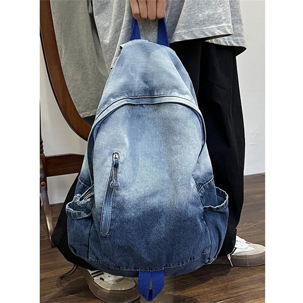 ASNAT Aesthetic Denim Washed Backpack Large Capacity Japanese Fashion Tie Dye Bag (Blue)