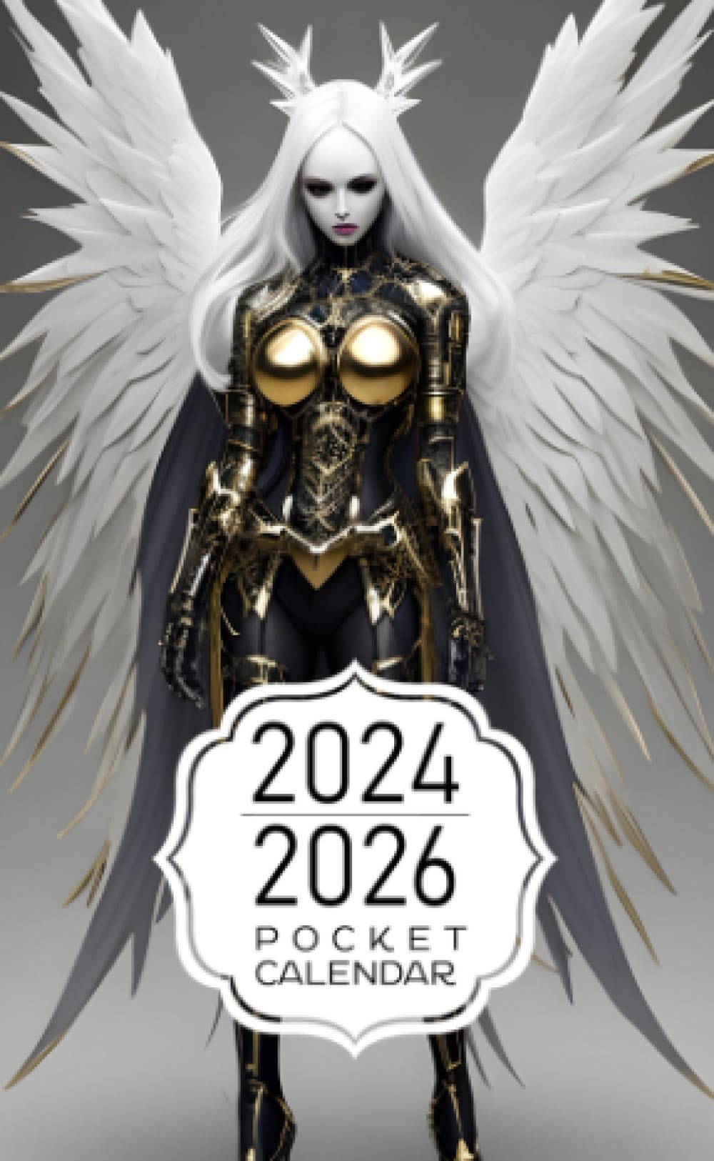 Pocket Calendar 2024-2026: Two-Year Monthly Planner for Purse , 36 Months from January 2024 to December 2026 | Cyberpunk gothic angel | Darkness wing white and gold