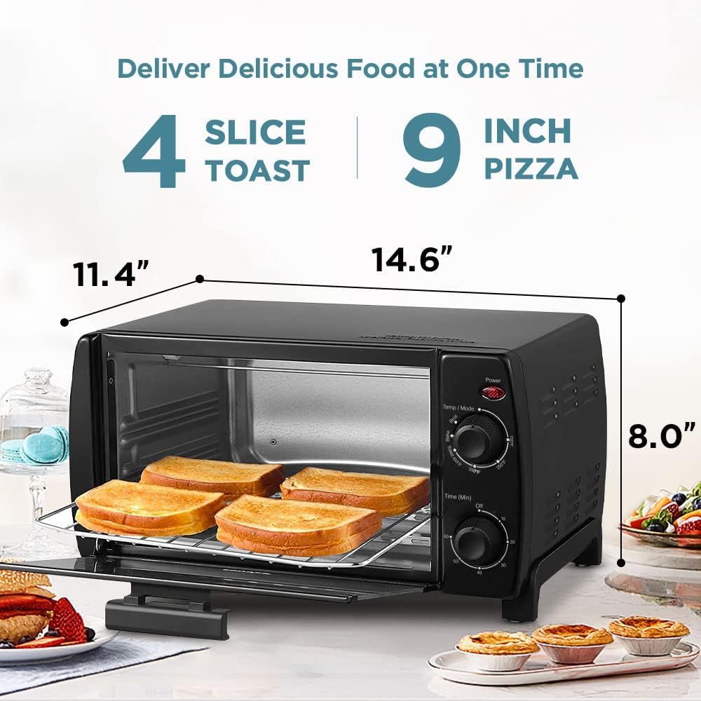 Dominion 4 Slice Small Toaster Oven Countertop, Retro Compact Design, Multi-Function with 30-Minute Timer, Bake, Broil, Toast, 1000 Watts, 2-Rack Capacity, Black