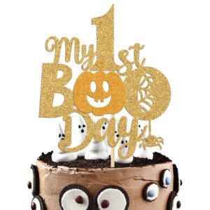 my 1st boo day cake topper - halloween happy birthday cake decor for baby's first birthday - fall theme happy 1st birthday/baby shower party decorations supplies for kids, gold glitter