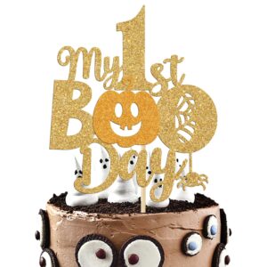 My 1st Boo Day Cake Topper - Halloween Happy Birthday Cake Decor for Baby's First Birthday - Fall Theme Happy 1st Birthday/Baby Shower Party Decorations Supplies for Kids, Gold Glitter