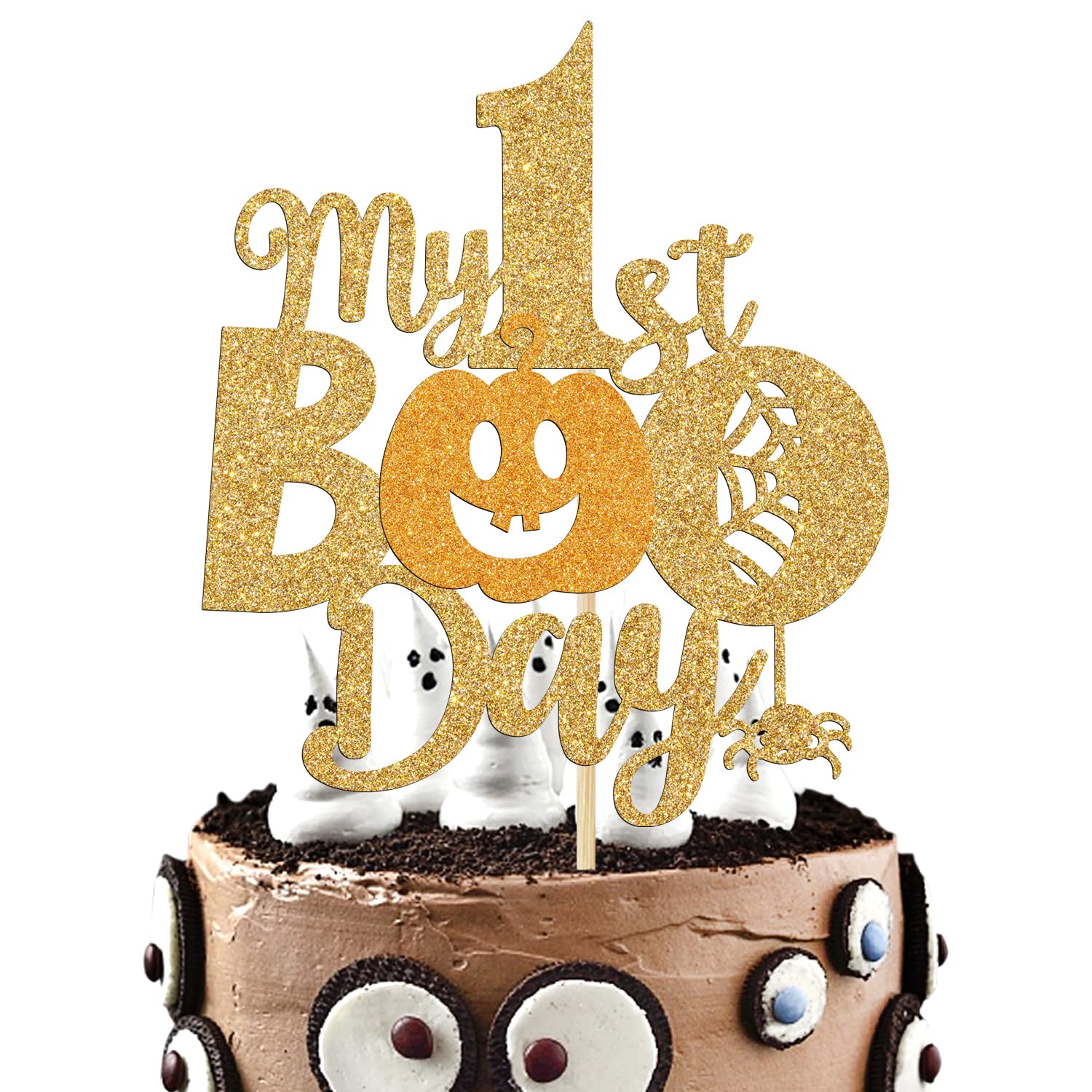 My 1st Boo Day Cake Topper - Halloween Happy Birthday Cake Decor for Baby's First Birthday - Fall Theme Happy 1st Birthday/Baby Shower Party Decorations Supplies for Kids, Gold Glitter