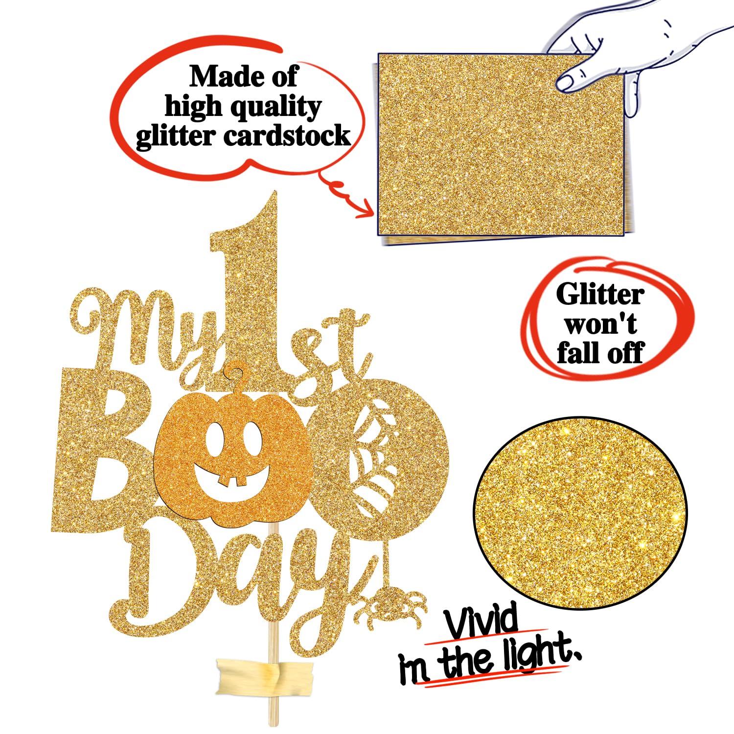 My 1st Boo Day Cake Topper - Halloween Happy Birthday Cake Decor for Baby's First Birthday - Fall Theme Happy 1st Birthday/Baby Shower Party Decorations Supplies for Kids, Gold Glitter