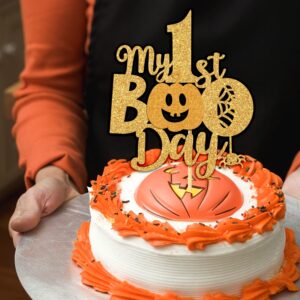 My 1st Boo Day Cake Topper - Halloween Happy Birthday Cake Decor for Baby's First Birthday - Fall Theme Happy 1st Birthday/Baby Shower Party Decorations Supplies for Kids, Gold Glitter