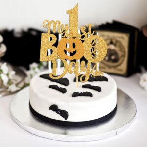 My 1st Boo Day Cake Topper - Halloween Happy Birthday Cake Decor for Baby's First Birthday - Fall Theme Happy 1st Birthday/Baby Shower Party Decorations Supplies for Kids, Gold Glitter