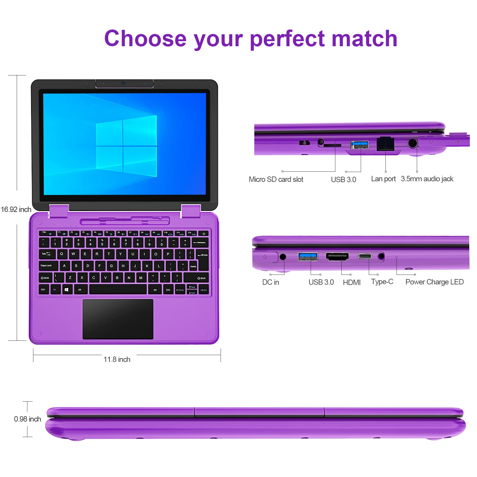 AWOW Purple 11.6" FHD 2 in 1 Touchscreen Laptop with Stylus, Intel N4120 Processor 6GB RAM 256GB M.2 SSD Storage Kids Convertible Laptop