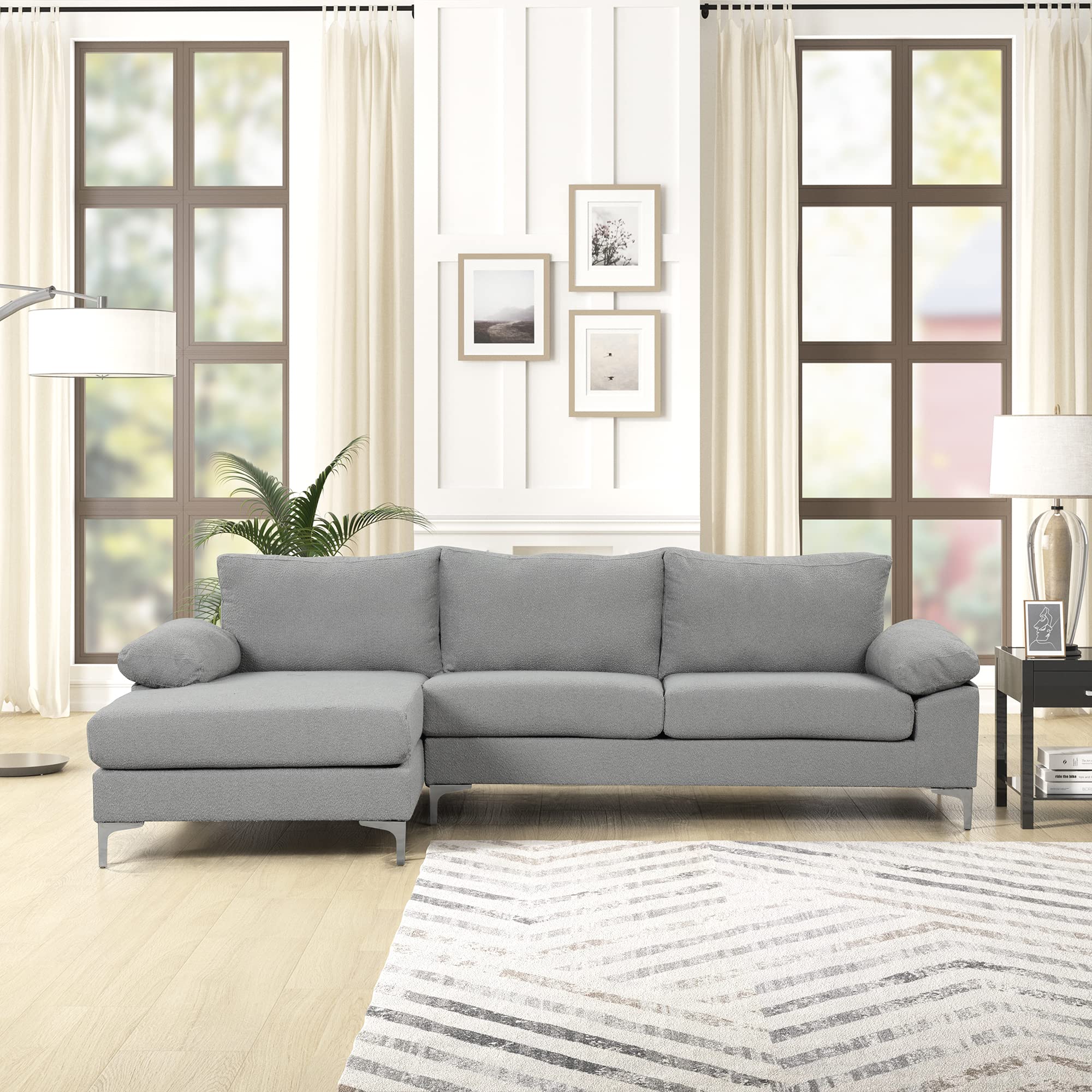 Casa Andrea Milano Modern Large BOUCLÉ L-Shape Sectional Sofa, Luxury Couch with Extra Wide Chaise Lounge, Couch for Living Room Apartment Lounge, Light Grey Boucle