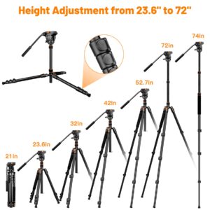 Camera Tripod Fluid Head, Heavy Duty Camera Tripod Stand 72", Professional Video Tripod for Canon Nikon DSLR Cameras Camcorders, Aluminum Tripod Stand with Carry Bag, Complete Tripod Units