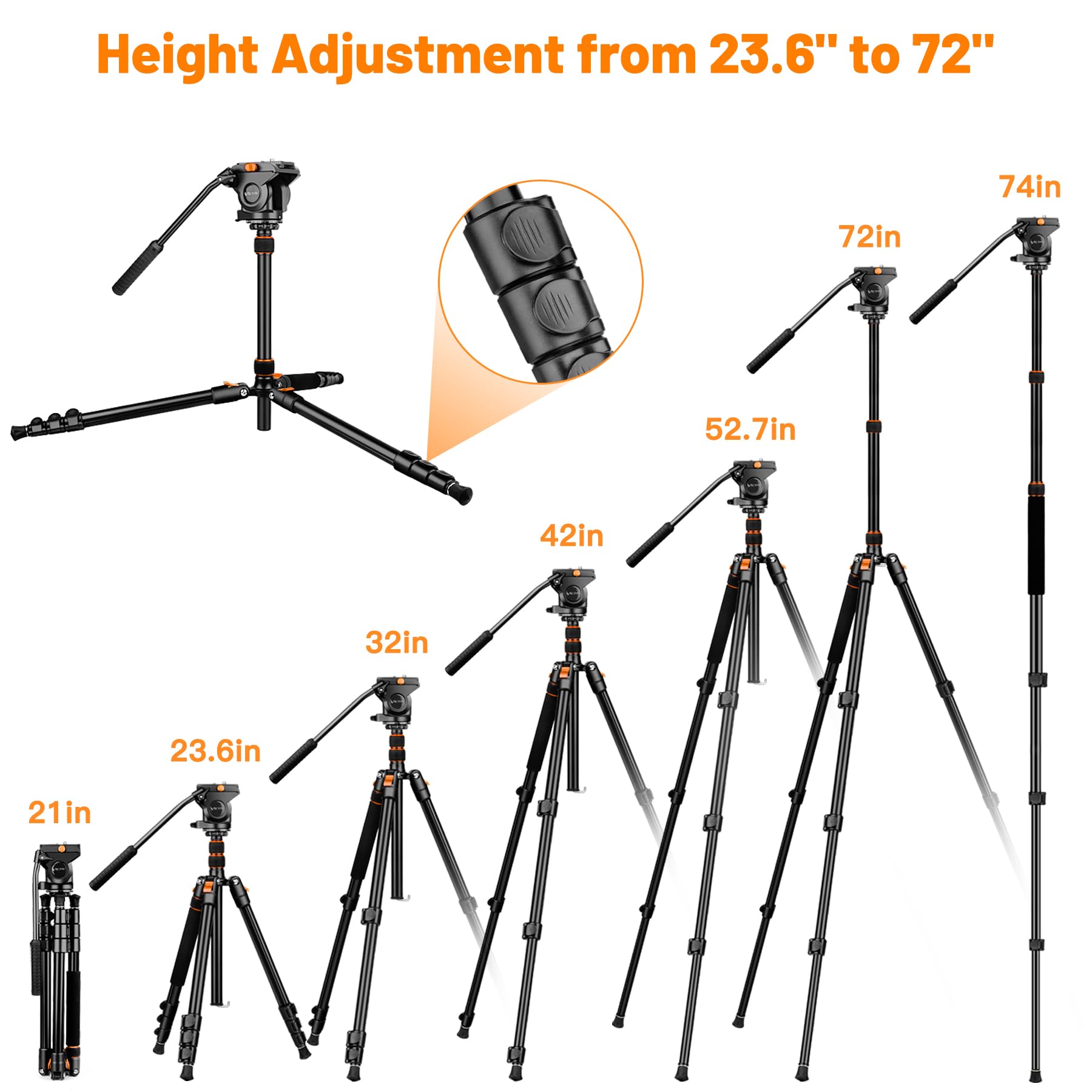 Camera Tripod Fluid Head, Heavy Duty Camera Tripod Stand 72", Professional Video Tripod for Canon Nikon DSLR Cameras Camcorders, Aluminum Tripod Stand with Carry Bag, Complete Tripod Units