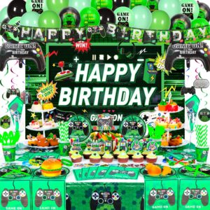 wodsmin 254 pcs green video game party supplies, game theme decorations for serves 10 guests plates, cups, hanging swirls, balloons, banner, cake topper, tablecloth and backdrop for birthday party