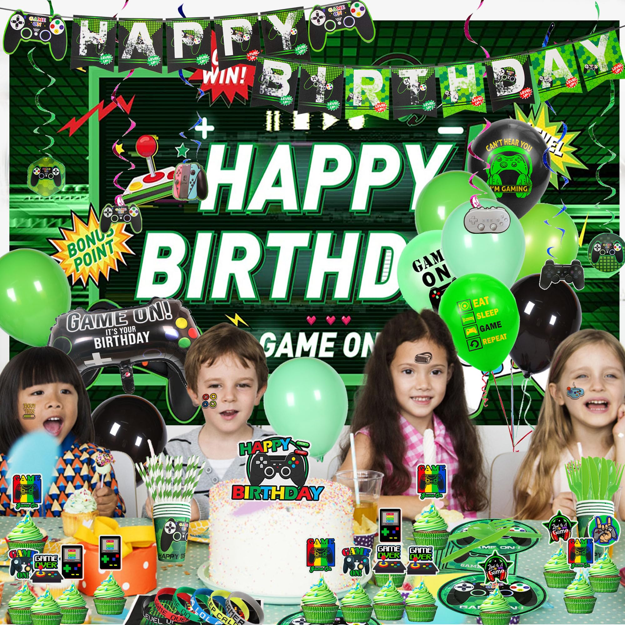 WODSMIN 254 PCS Green Video Game Party Supplies, Game Theme Decorations for Serves 10 Guests Plates, Cups, Hanging Swirls, Balloons, Banner, Cake Topper, Tablecloth and Backdrop for Birthday Party