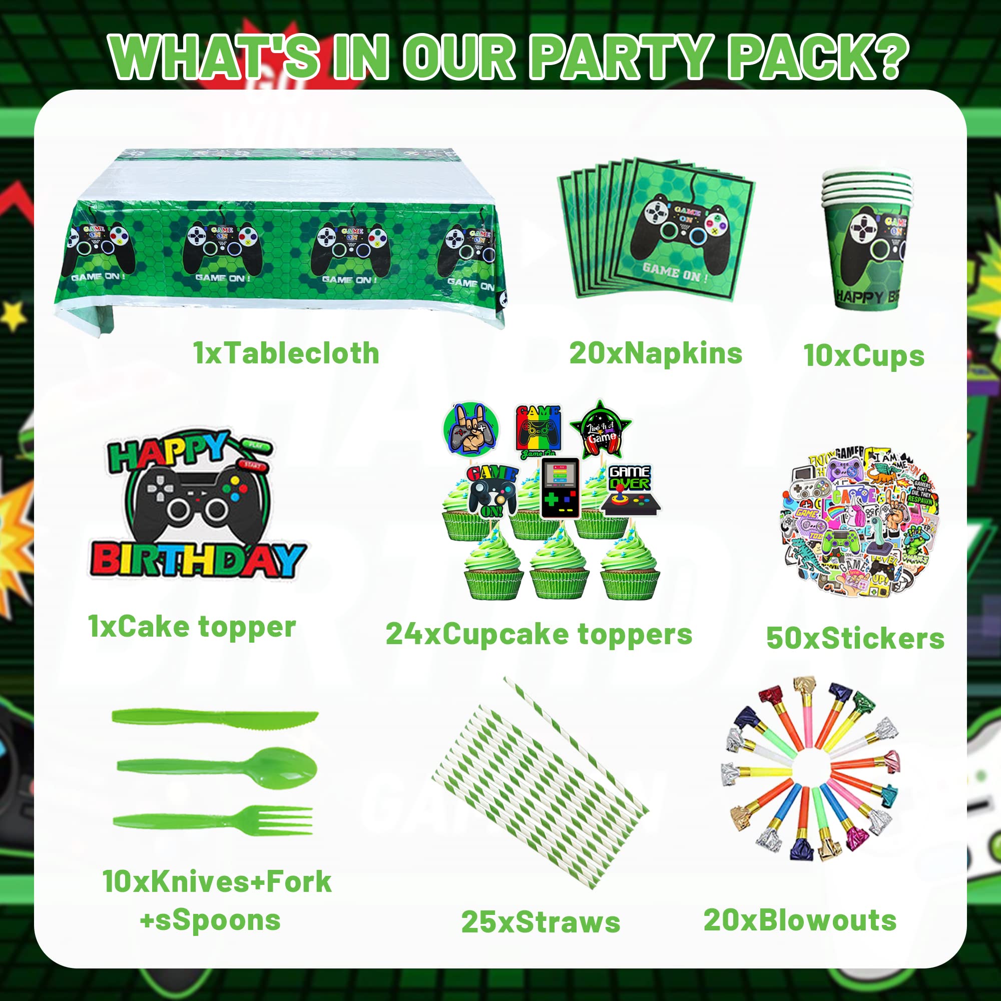 WODSMIN 254 PCS Green Video Game Party Supplies, Game Theme Decorations for Serves 10 Guests Plates, Cups, Hanging Swirls, Balloons, Banner, Cake Topper, Tablecloth and Backdrop for Birthday Party