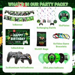 WODSMIN 254 PCS Green Video Game Party Supplies, Game Theme Decorations for Serves 10 Guests Plates, Cups, Hanging Swirls, Balloons, Banner, Cake Topper, Tablecloth and Backdrop for Birthday Party