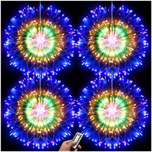 denicmic 4 pack firework lights led copper wire 8 modes battery operated hanging ceiling starburst fairy remote star sphere lights indoor for bedroom party wedding christmas decor (multi-colored)