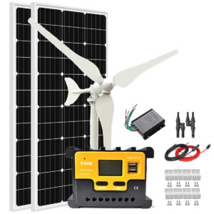 300w solar panel wind turbine generator kit: 100w 12v wind turbine + 100w monocrystalline solar panel + charge controller + z brackets mount + cable connections for home cabin shed boat rv