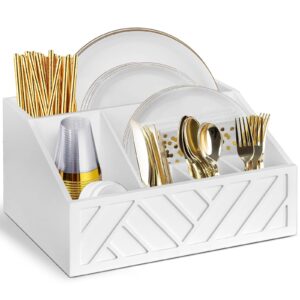 paper plate dispenser, paper plate holder for kitchen counter, wood rustic silverware utensil caddy, cutlery flatware organizer box for cups spoons forks plates napkins, kitchen accessories (white)