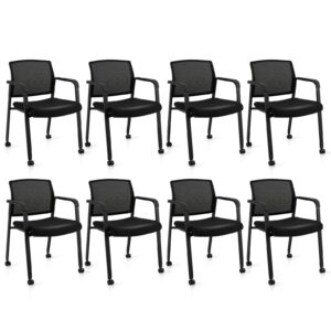 tangkula rolling conference room chairs set of 8, stackable office guest mesh chairs with armrests and pu wheels, versatile waiting room chairs for office, school, lobby, black