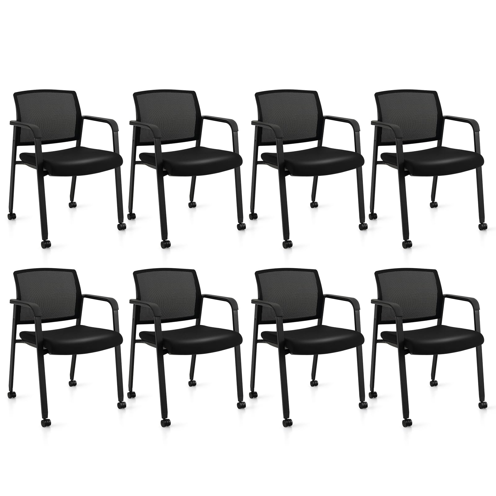 Tangkula Rolling Conference Room Chairs Set of 8, Stackable Office Guest Mesh Chairs with Armrests and PU Wheels, Versatile Waiting Room Chairs for Office, School, Lobby, Black