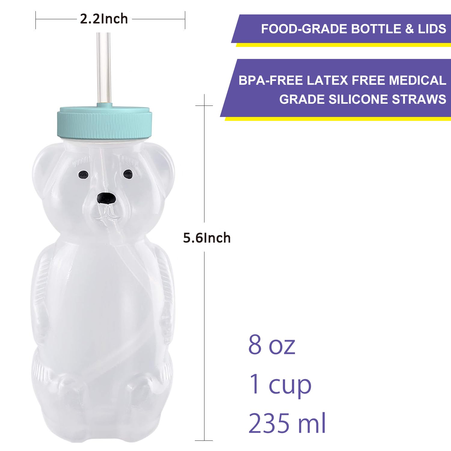 Honey Bear Straw Cups for Babies 1 pack, 8oz straw bear cup with improved safety lid design, honeybear baby cup straw, Leak-Proof & Food-Grade & BPA Free (AQUA)