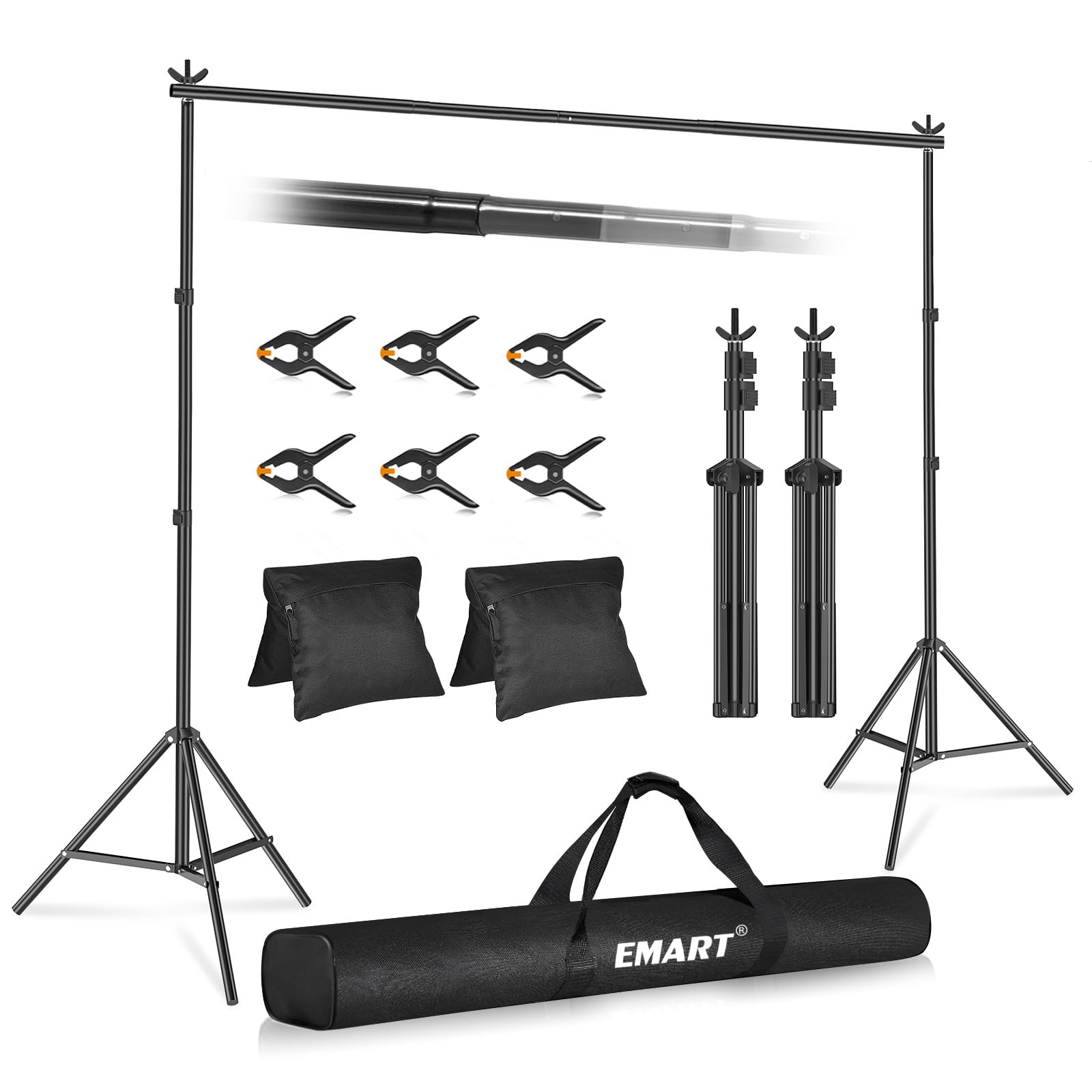 EMART Backdrop Stand 10x7.8ft(WxH) Photo Studio Adjustable Background Stand Support Kit with 2 Crossbars, 6 Backdrop Clamps,2 Sandbags and Carrying Bag for Parties Events Decoration