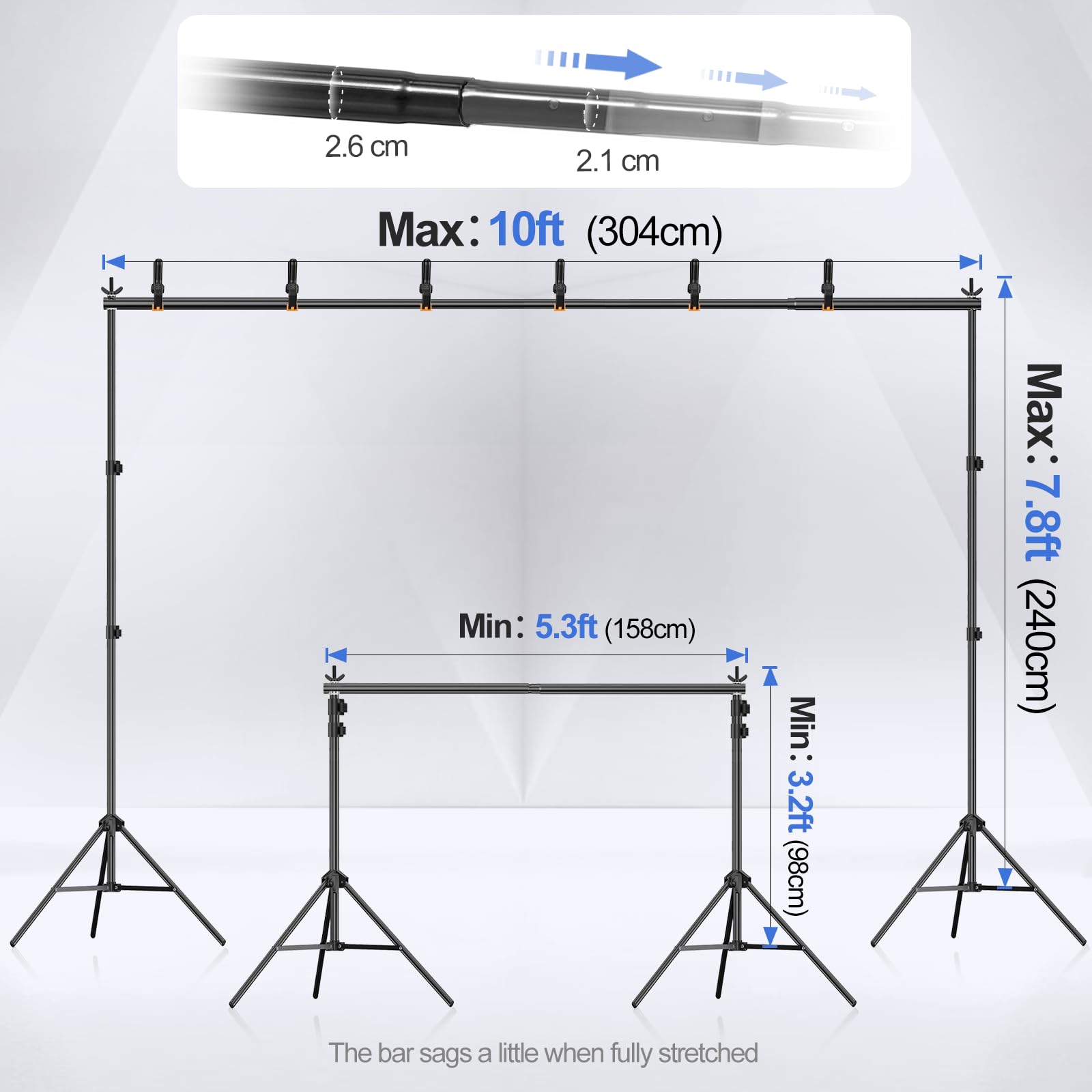 EMART Backdrop Stand 10x7.8ft(WxH) Photo Studio Adjustable Background Stand Support Kit with 2 Crossbars, 6 Backdrop Clamps,2 Sandbags and Carrying Bag for Parties Events Decoration