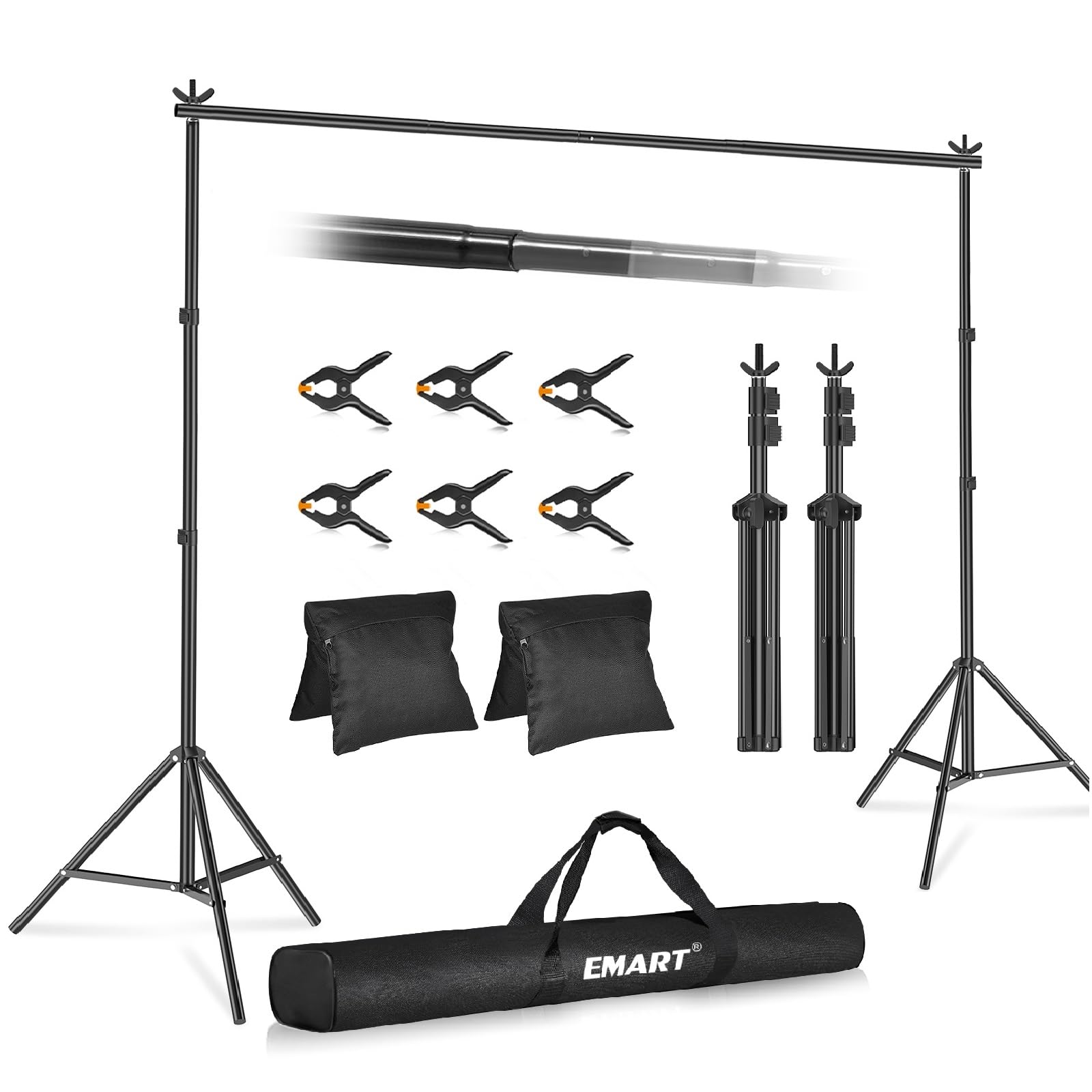 EMART Backdrop Stand 10x8.5ft(WxH) Photo Studio Adjustable Background Stand Support Kit with 2 Crossbars, 6 Backdrop Clamps, 2 Sandbags and Carrying Bag for Parties Events Decoration