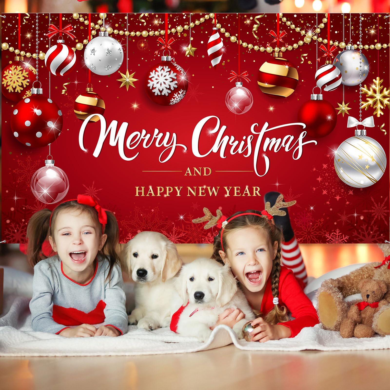 Christmas Backdrop Merry Christmas Party Decoration Christmas Photo Banner Signs Xmas Photography Background Photo Props for Winter New Year Xmas Eve Family Party Decoration Supplies (Ball)