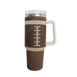 myhobby crystal 40 oz tumbler with handle,football stainless steel water bottle double wall insulated travel mug,good gift for ball game lover,brown