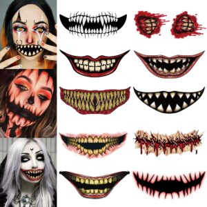 10pcs halloween prank makeup big mouth temporary tattoo, clown horror mouth fake tattoo stickers face scary decals prank props for halloween cosplay party